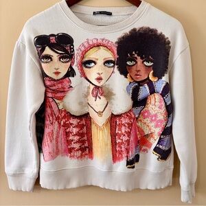 Zara| Super Cute White Graphic Art Women’s Soft Fleece Sweatshirt Sz S